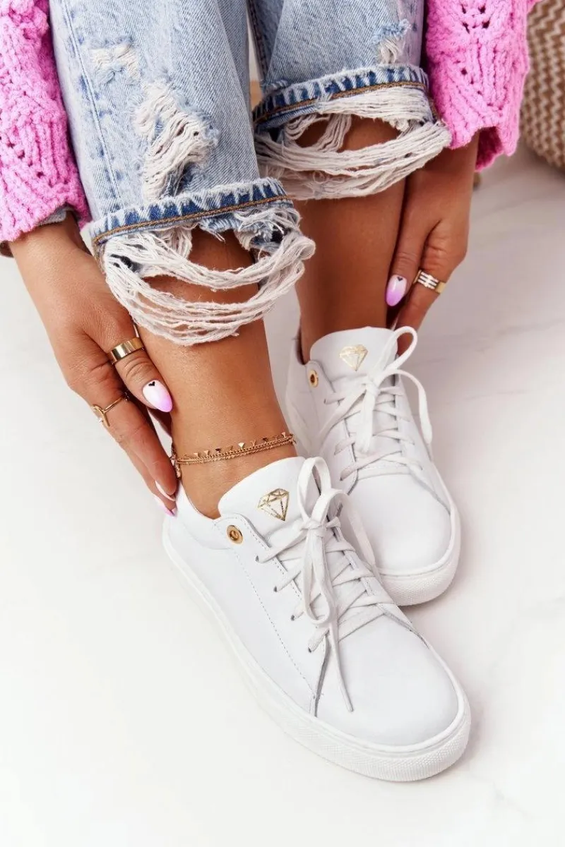 Damskie Skórzane Tenisówki Białe Nicole 2640 Damskie Trampki Damskie Niskie