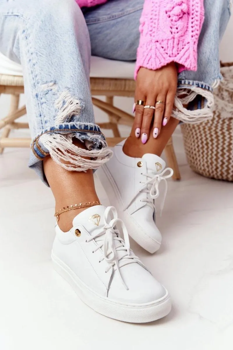 Damskie Skórzane Tenisówki Białe Nicole 2640 Damskie Trampki Damskie Niskie