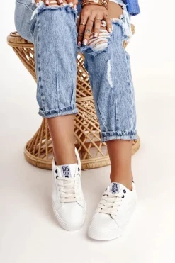 New Damskie Skórzane Tenisówki BIG STAR BB274211 Biało Granatowe Damskie Trampki Damskie Big Star|Trampki Damskie Niskie