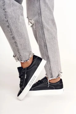 Trampki Damskie Big Star|Trampki Damskie Niskie>Big Star Shoes Damskie Skórzane Tenisówki Z Napisem BIG STAR EE274315 Czarne