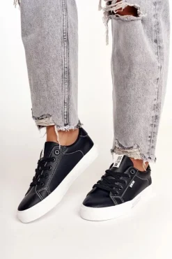 Trampki Damskie Big Star|Trampki Damskie Niskie></noscript>Big Star Shoes Damskie Skórzane Tenisówki Z Napisem BIG STAR EE274315 Czarne
