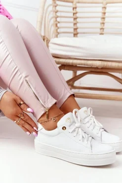 Trampki Damskie Niskie>Boto Damskie Skórzane Tenisówki Na Platformie Białe Nicole 2645