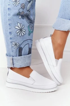 Discount Damskie Skórzane Tenisówki Slip-On S.Barski Białe Damskie Trampki Damskie Slip-On