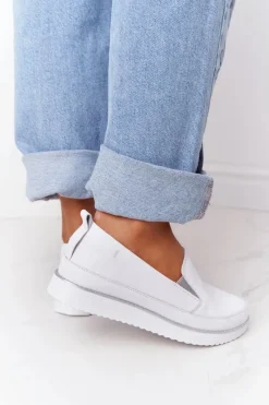 Discount Damskie Skórzane Tenisówki Slip-On S.Barski Białe Damskie Trampki Damskie Slip-On