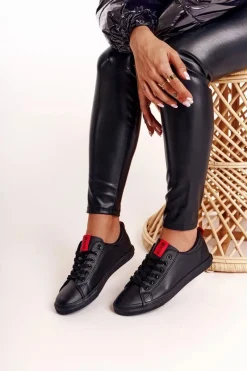 Best Damskie Skórzane Tenisówki Z Tasiemką BIG STAR DD274687 Czarne Damskie Trampki Damskie Big Star|Trampki Damskie Niskie