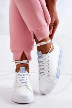 Clearance Damskie Skórzane Tenisówki Biało-Niebieskie Mikayla Damskie Trampki Damskie Niskie