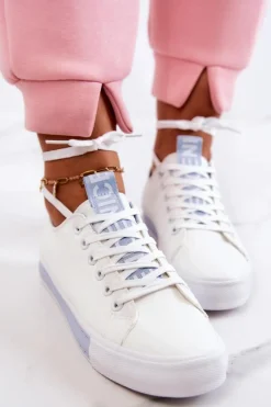 Clearance Damskie Skórzane Tenisówki Biało-Niebieskie Mikayla Damskie Trampki Damskie Niskie