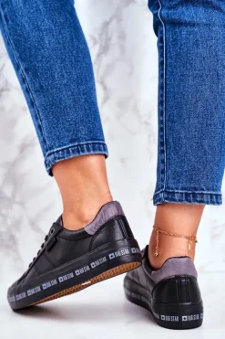 New Damskie Skórzane Tenisówki Logowana Podeszwa Big Star GG274193 Czarne Damskie Trampki Damskie Big Star|Trampki Damskie Niskie