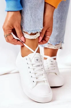 Trampki Damskie Niskie>Evento Damskie Skórzane Trampki Białe Mega Biały