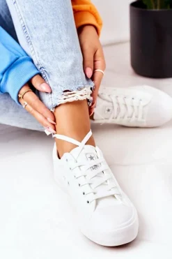 Trampki Damskie Niskie></noscript>Evento Damskie Skórzane Trampki Białe Mega Biały