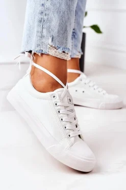 Trampki Damskie Niskie></noscript>Evento Damskie Skórzane Trampki Białe Mega Biały