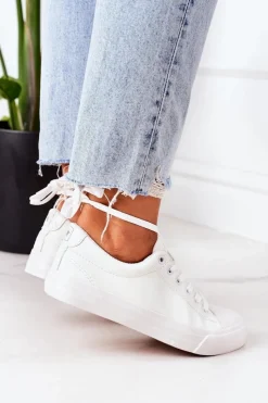 Trampki Damskie Niskie></noscript>Evento Damskie Skórzane Trampki Białe Mega Biały