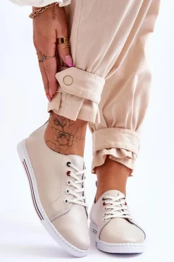 Online Damskie Skórzane Trampki Beżowe S.Barski LR268R Damskie Trampki Damskie Niskie