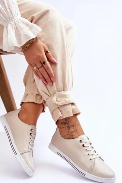 Online Damskie Skórzane Trampki Beżowe S.Barski LR268R Damskie Trampki Damskie Niskie