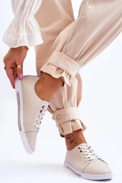 Online Damskie Skórzane Trampki Beżowe S.Barski LR268R Damskie Trampki Damskie Niskie