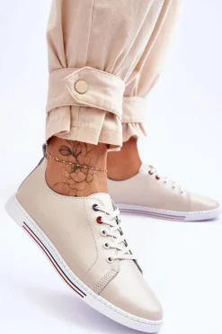 Online Damskie Skórzane Trampki Beżowe S.Barski LR268R Damskie Trampki Damskie Niskie