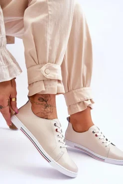 Online Damskie Skórzane Trampki Beżowe S.Barski LR268R Damskie Trampki Damskie Niskie