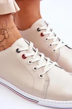 Online Damskie Skórzane Trampki Beżowe S.Barski LR268R Damskie Trampki Damskie Niskie