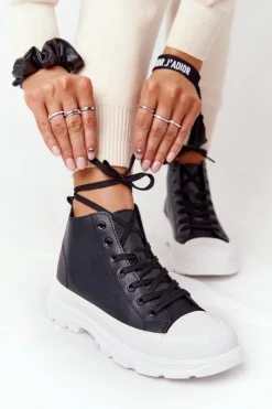 Outlet Damskie Skórzane Trampki Na Dużej Podeszwie Czarne Trissy Damskie Trampki Damskie Wysokie