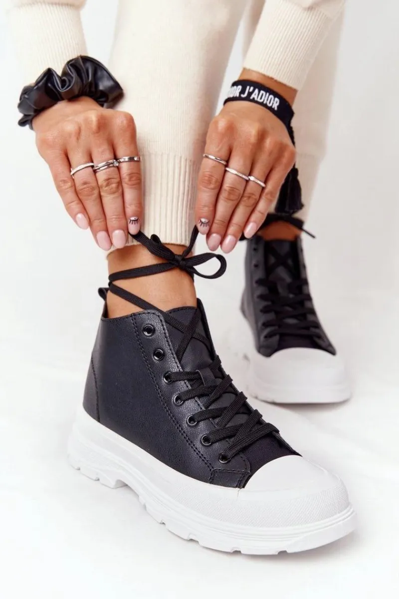 Outlet Damskie Skórzane Trampki Na Dużej Podeszwie Czarne Trissy Damskie Trampki Damskie Wysokie