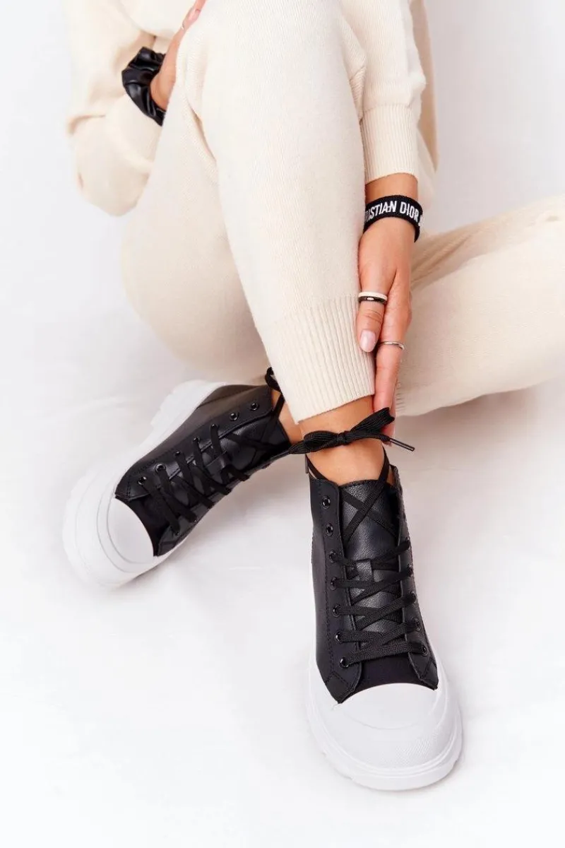 Outlet Damskie Skórzane Trampki Na Dużej Podeszwie Czarne Trissy Damskie Trampki Damskie Wysokie