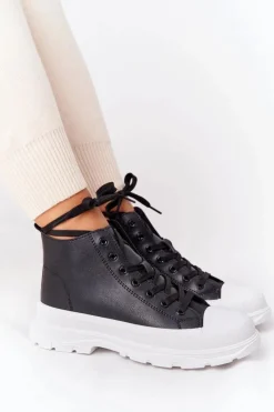 Outlet Damskie Skórzane Trampki Na Dużej Podeszwie Czarne Trissy Damskie Trampki Damskie Wysokie