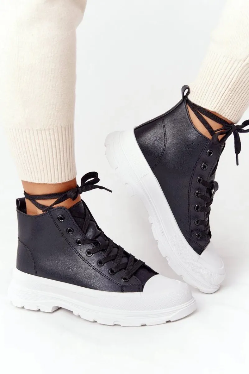 Outlet Damskie Skórzane Trampki Na Dużej Podeszwie Czarne Trissy Damskie Trampki Damskie Wysokie