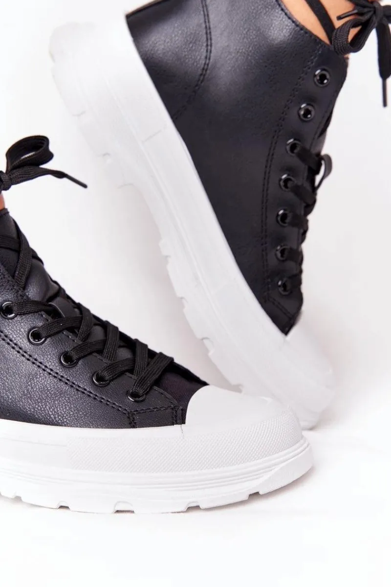 Outlet Damskie Skórzane Trampki Na Dużej Podeszwie Czarne Trissy Damskie Trampki Damskie Wysokie