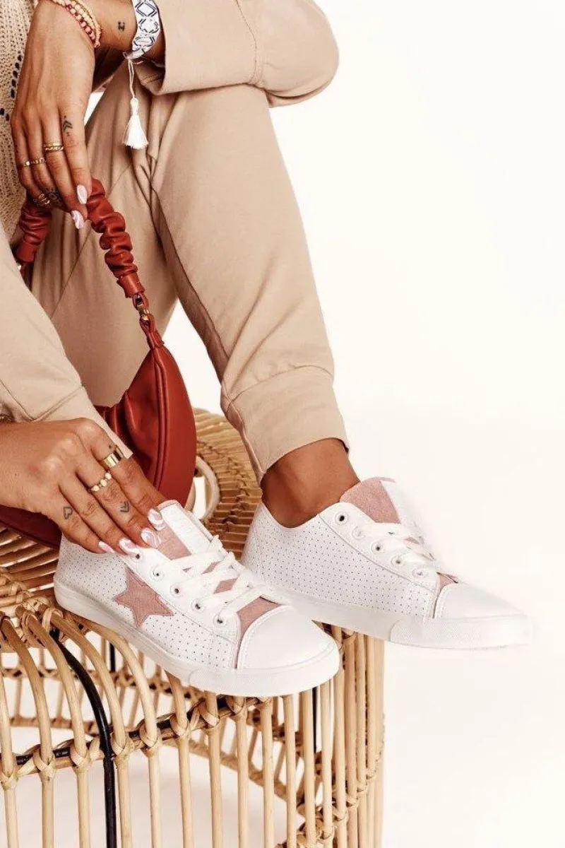 Best Damskie Skórzane Trampki Z Gwiazdą BIG STAR DD274691 Biało-Różowe Damskie Trampki Damskie Big Star|Trampki Damskie Niskie