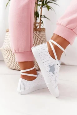 Best Big Star Shoes Damskie Skórzane Trampki Z Gwiazdą BIG STAR DD274692 Biało-Niebieskie