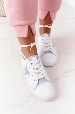 Best Big Star Shoes Damskie Skórzane Trampki Z Gwiazdą BIG STAR DD274692 Biało-Niebieskie