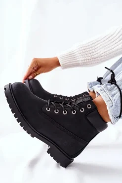 Damskie Trapery|Botki Sznurowane>Big Star Shoes Damskie Skórzane Trapery Big Star II274446 Czarne