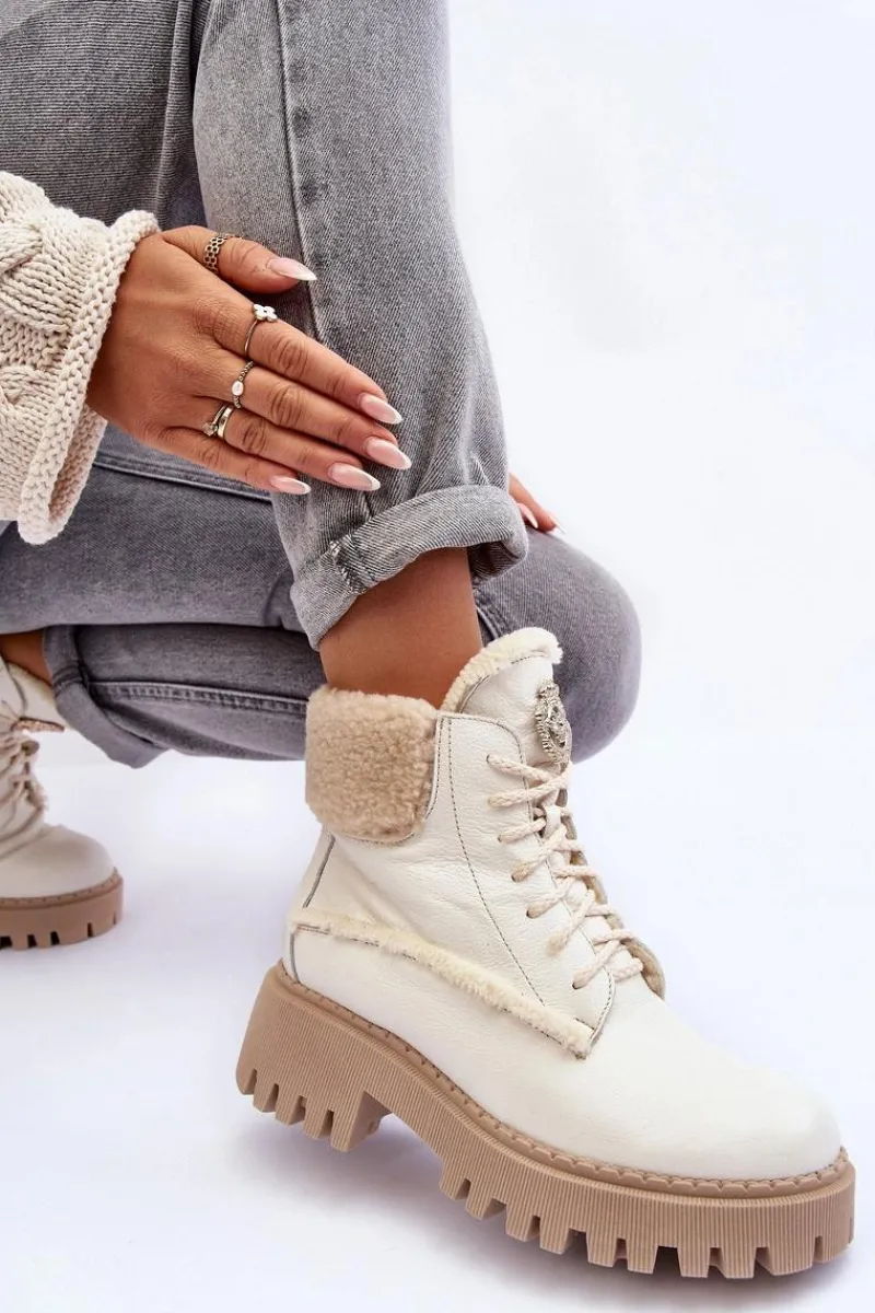 Damskie Trapery|Botki Sznurowane>Zazoo Damskie Skórzane Trapery Botki Kremowe Lemar Vergo