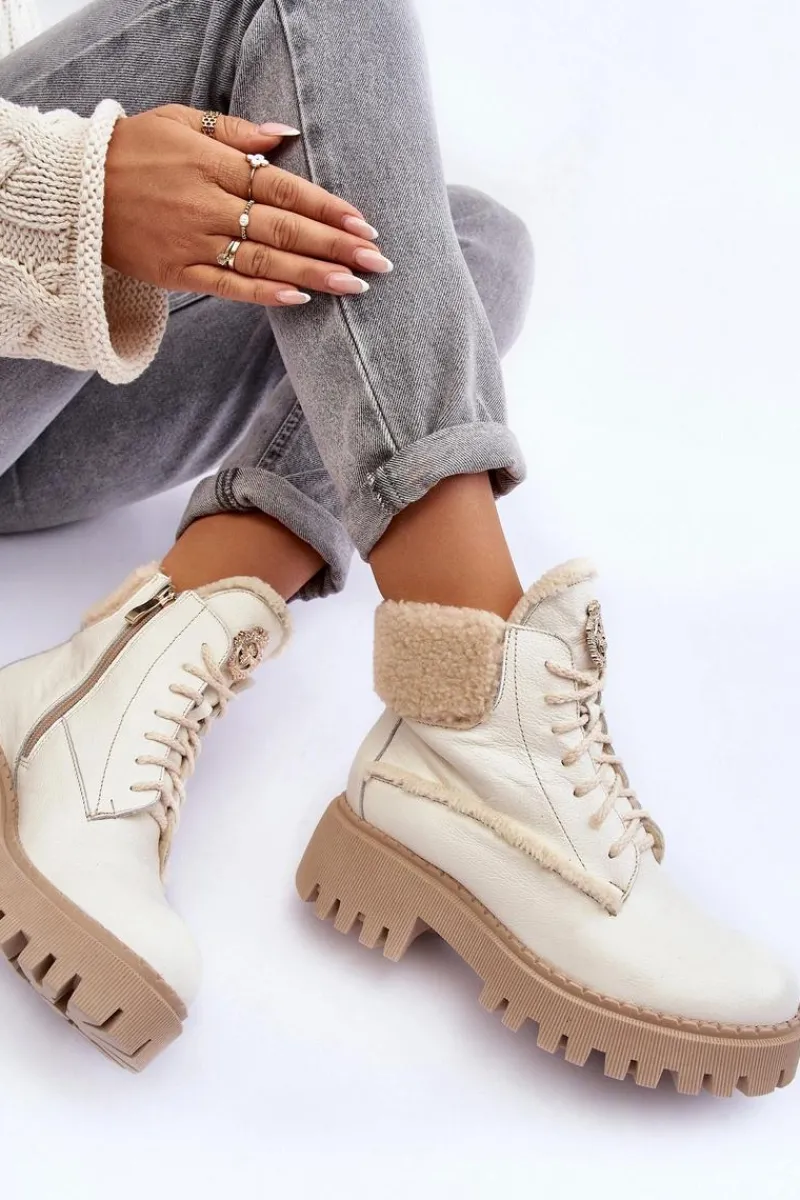 Damskie Trapery|Botki Sznurowane>Zazoo Damskie Skórzane Trapery Botki Kremowe Lemar Vergo