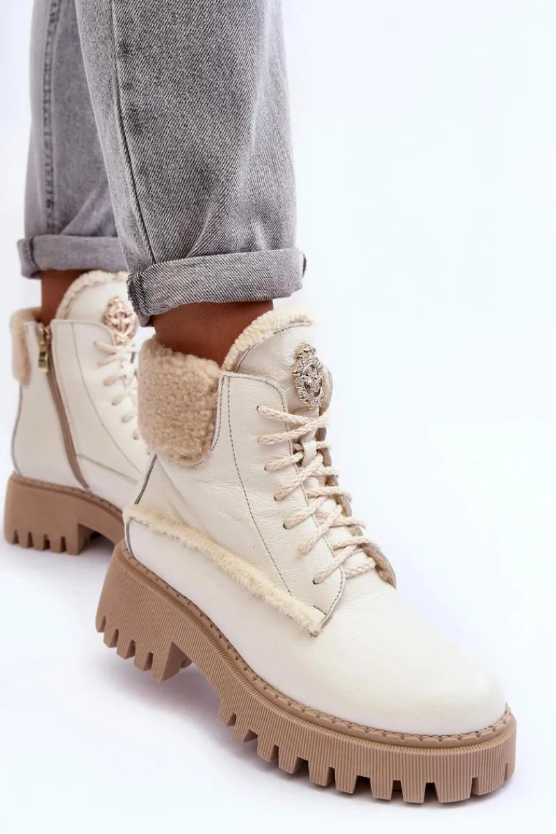 Damskie Trapery|Botki Sznurowane>Zazoo Damskie Skórzane Trapery Botki Kremowe Lemar Vergo