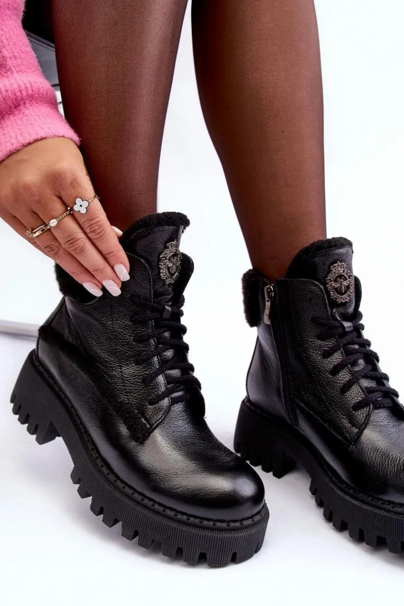 Outlet Damskie Skórzane Trapery Botki Czarne Lemar Vergo - Wzór 2 Damskie Damskie Trapery|Botki Sznurowane