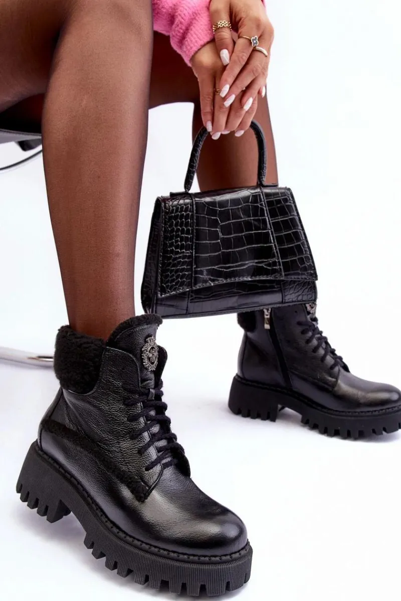 Outlet Damskie Skórzane Trapery Botki Czarne Lemar Vergo - Wzór 2 Damskie Damskie Trapery|Botki Sznurowane