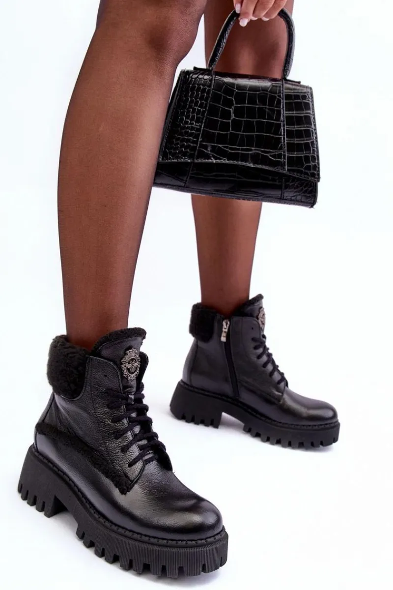 Outlet Damskie Skórzane Trapery Botki Czarne Lemar Vergo - Wzór 2 Damskie Damskie Trapery|Botki Sznurowane