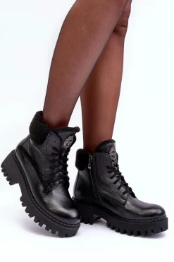 Outlet Damskie Skórzane Trapery Botki Czarne Lemar Vergo - Wzór 2 Damskie Damskie Trapery|Botki Sznurowane