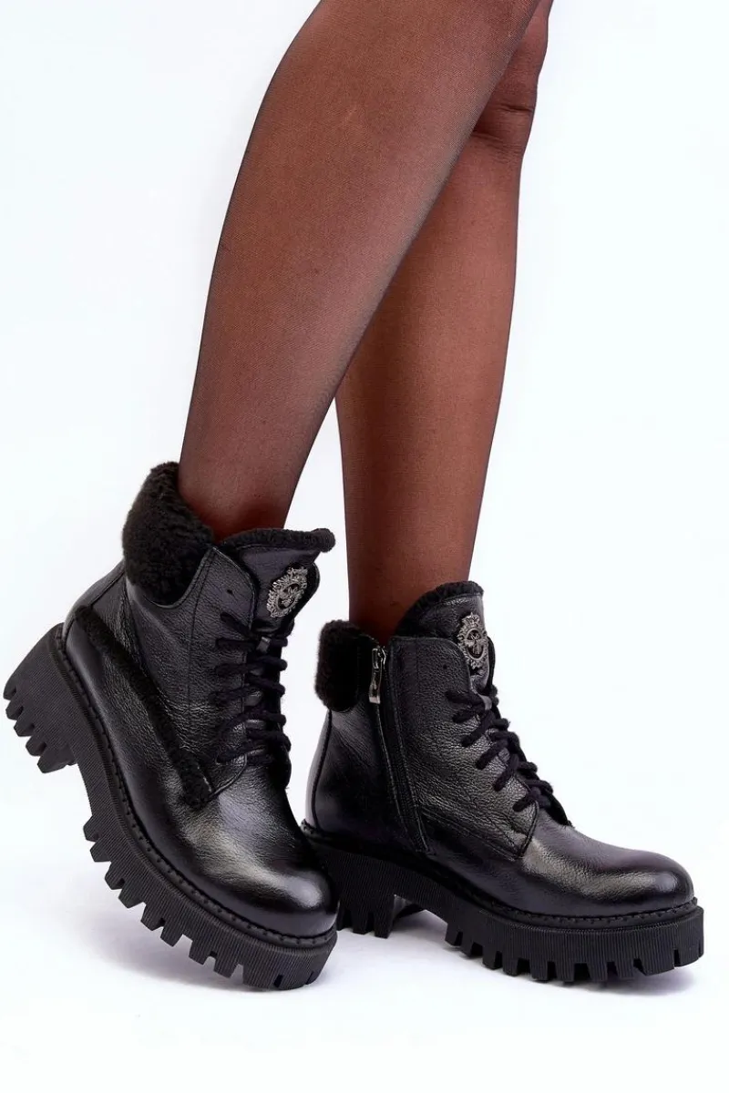 Outlet Damskie Skórzane Trapery Botki Czarne Lemar Vergo - Wzór 2 Damskie Damskie Trapery|Botki Sznurowane