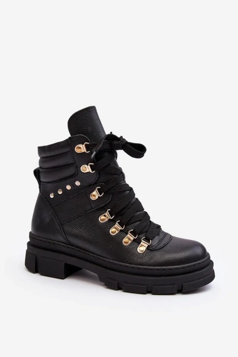 Hot Zazoo Damskie Skórzane Trapery Botki Sznurowane K01 Czarne