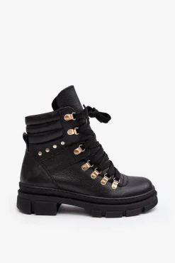 Hot Zazoo Damskie Skórzane Trapery Botki Sznurowane K01 Czarne