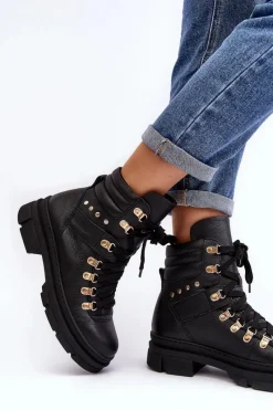 Hot Zazoo Damskie Skórzane Trapery Botki Sznurowane K01 Czarne