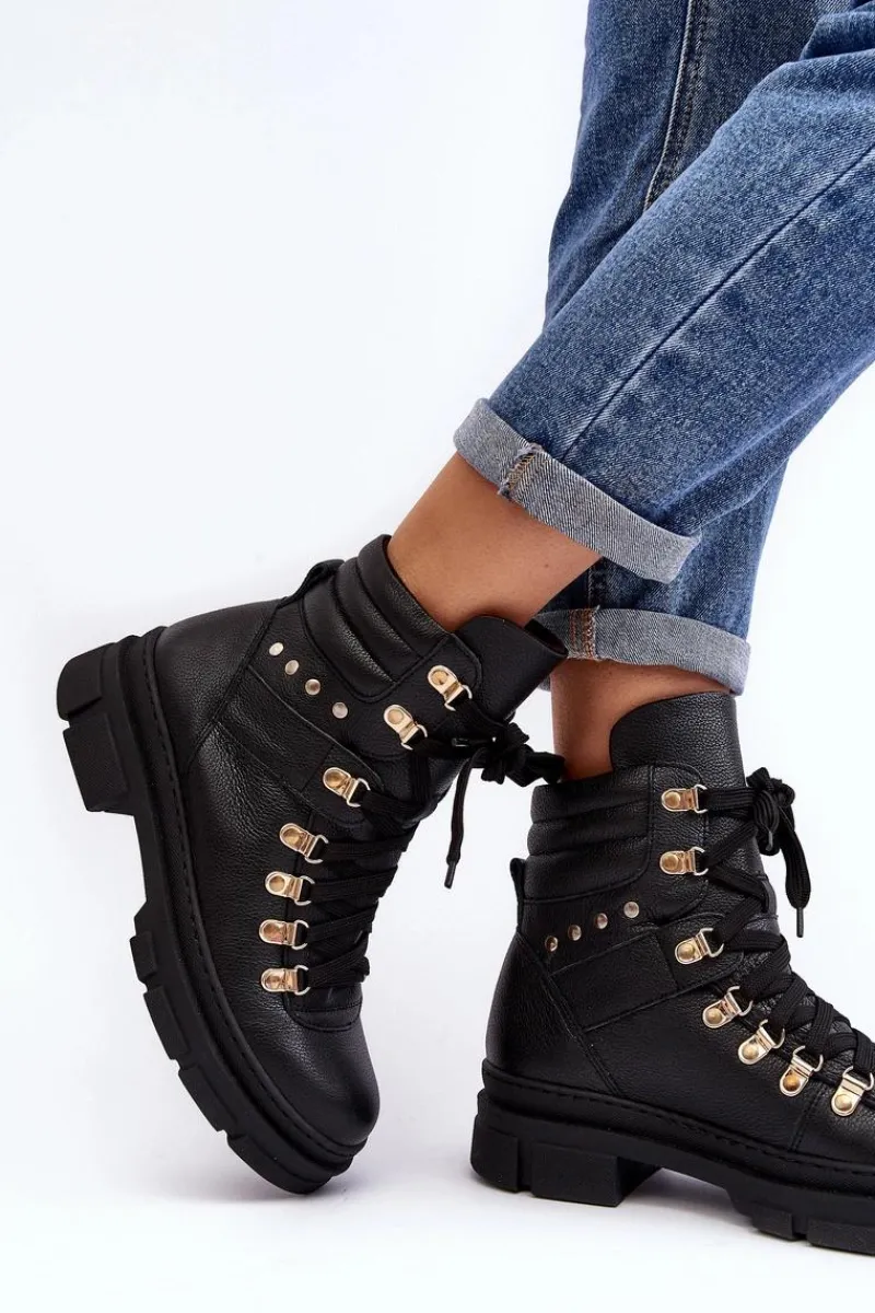 Hot Zazoo Damskie Skórzane Trapery Botki Sznurowane K01 Czarne