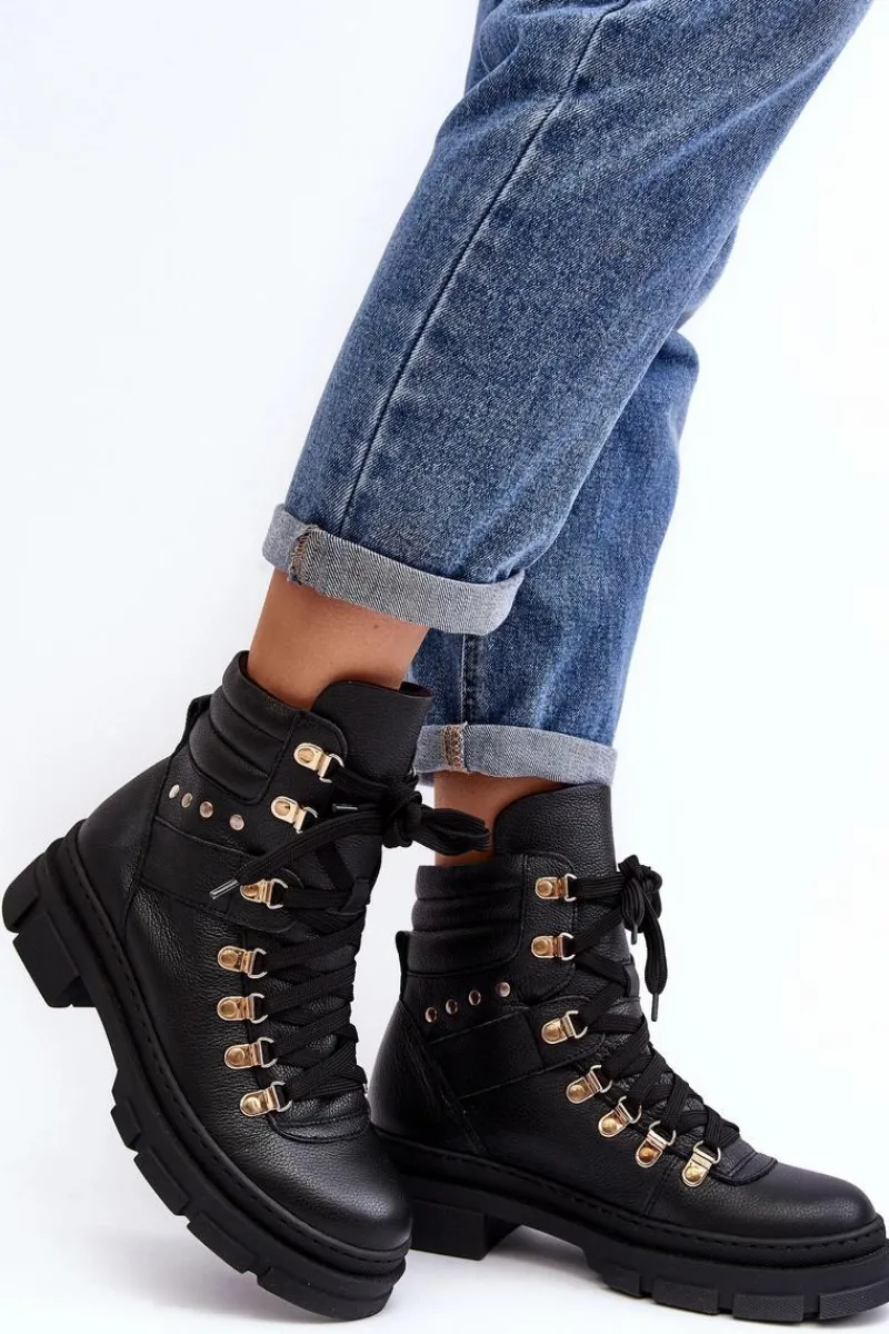 Hot Zazoo Damskie Skórzane Trapery Botki Sznurowane K01 Czarne