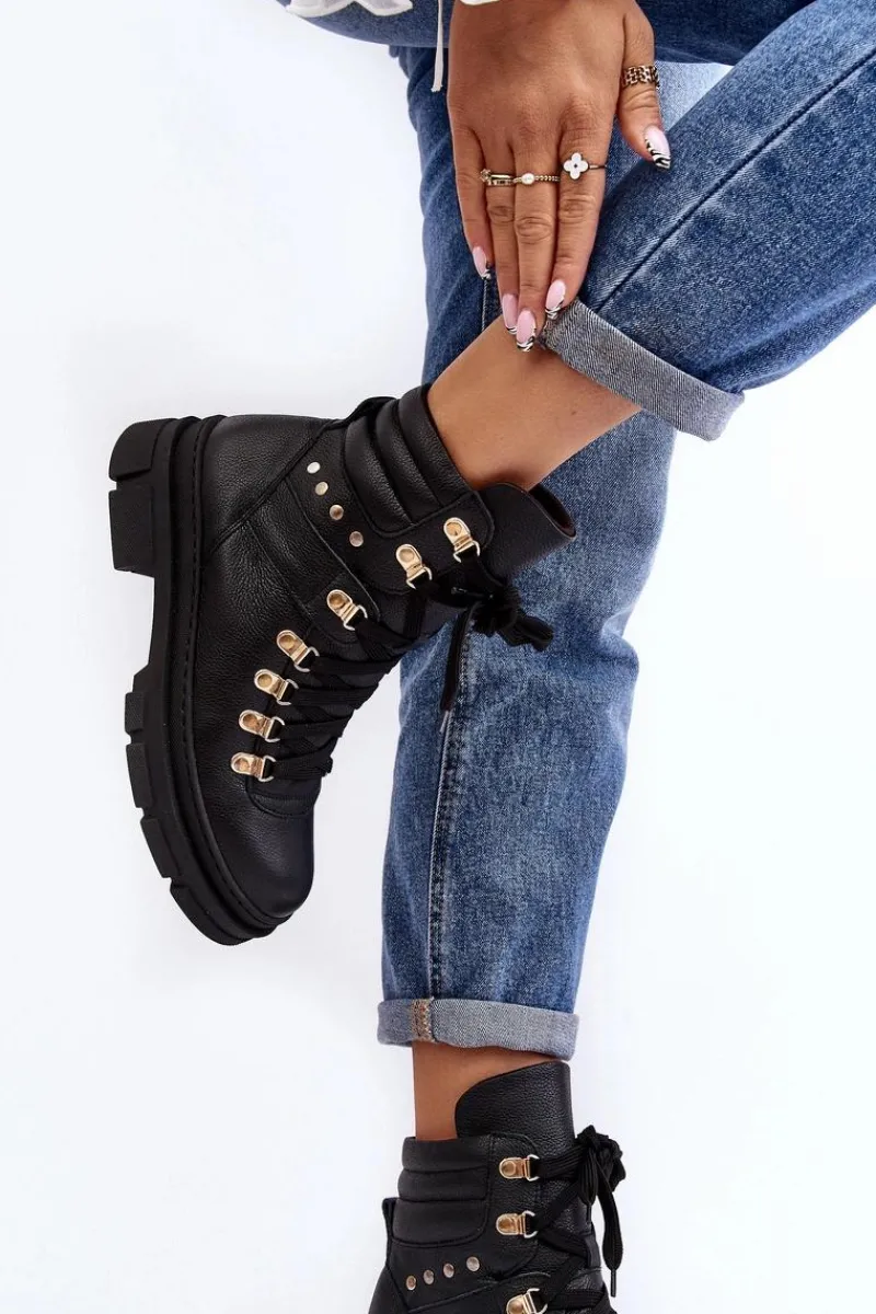 Hot Zazoo Damskie Skórzane Trapery Botki Sznurowane K01 Czarne