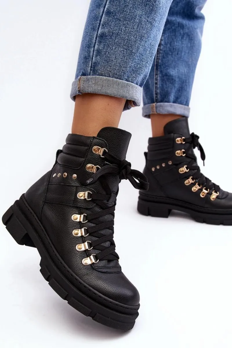Hot Zazoo Damskie Skórzane Trapery Botki Sznurowane K01 Czarne