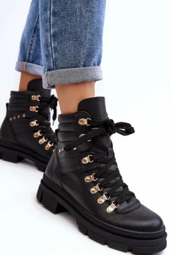 Hot Zazoo Damskie Skórzane Trapery Botki Sznurowane K01 Czarne
