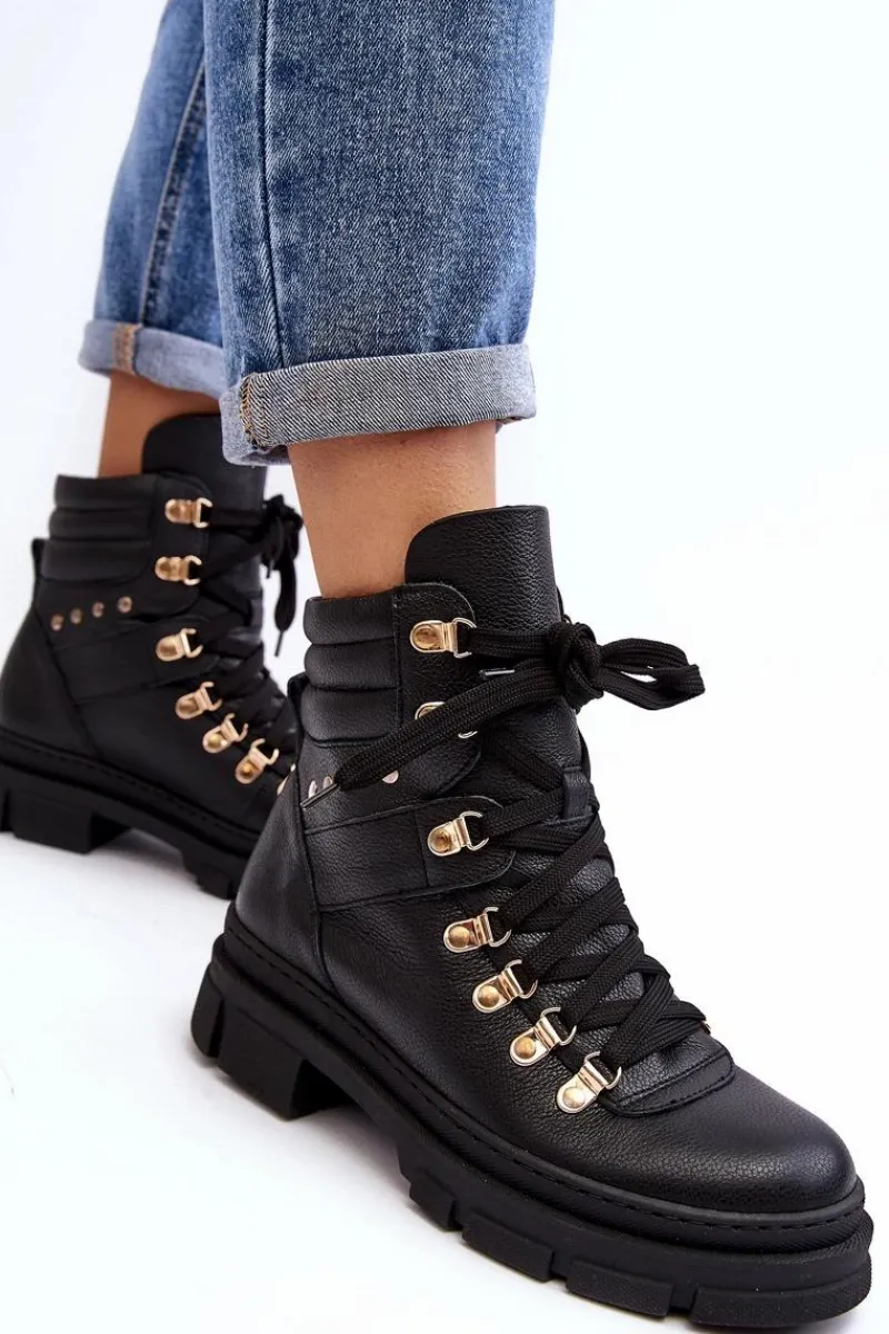 Hot Zazoo Damskie Skórzane Trapery Botki Sznurowane K01 Czarne