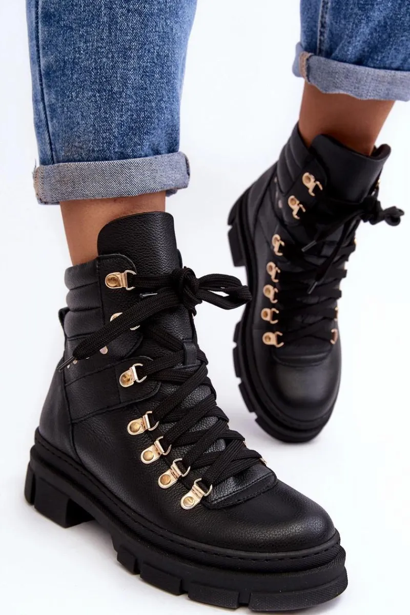 Hot Zazoo Damskie Skórzane Trapery Botki Sznurowane K01 Czarne